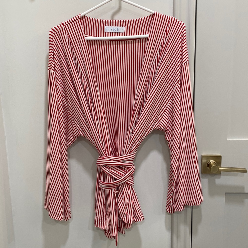 Lake DreamKnit Kimono Pajama Top, Size Large, Red and White Stripe